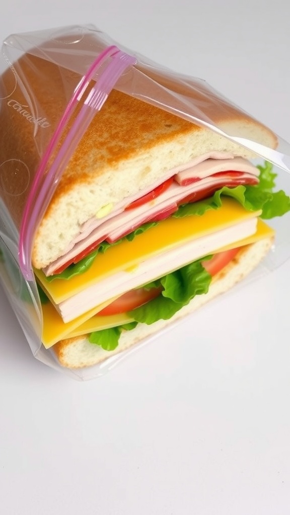 A fresh Ziplock sandwich with turkey, cheese, lettuce, and tomato in a plastic bag.
